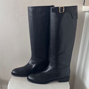 Mara Bini Black Knee-High Leather Boots Gold Buckle Sleek Pull-On Design Size 37